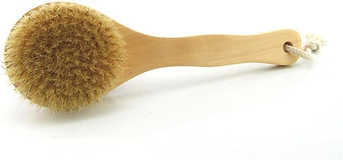 9.84 Inch Dry Body Brush Back Scrubber, Wooden Short Handle Natural Bristles Bath & Shower Brush.