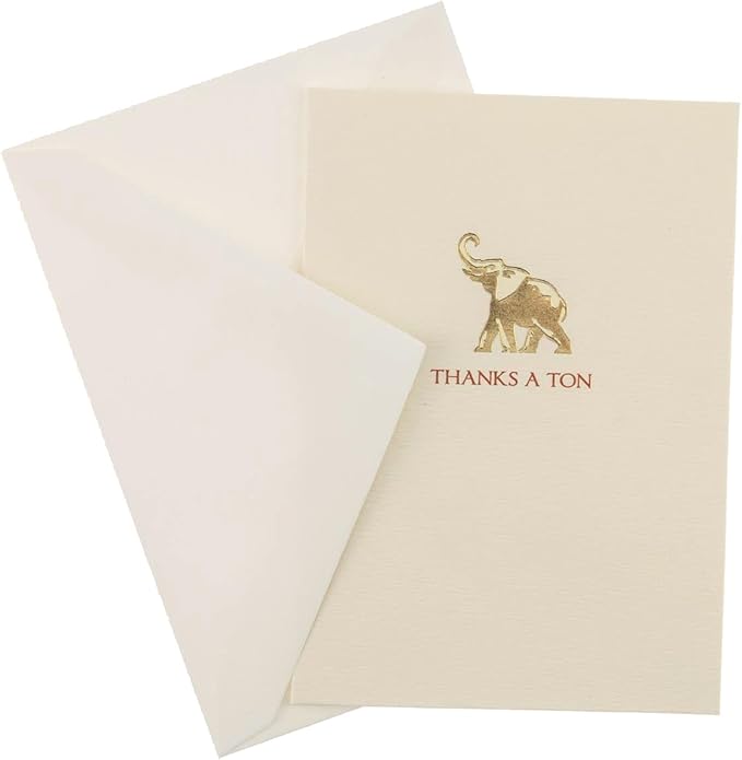 Graphique Elephant La Petite Presse Boxed Notecards - 10 Embossed and Embellished Gold Foil "Thanks a Ton" Elephant Notes with Matching Envelopes, 3.25" x 4.75