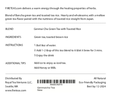 FIRE TEAS Genmaicha Green Tea - Loose Leaf Tea -