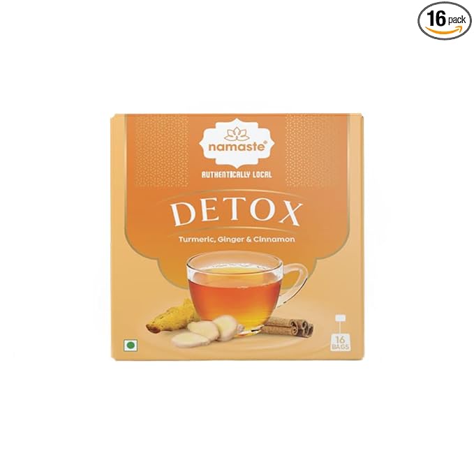 Namaste Chai Detox Herbal Green Tea With Turmeric, Ginger and Cinnamon Caffeine Free | 16 Sachets Dip Bag