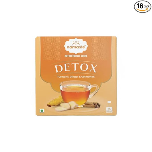 Namaste Chai Detox Herbal Green Tea With Turmeric, Ginger and Cinnamon Caffeine Free | 16 Sachets Dip Bag