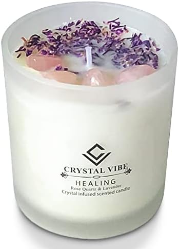 Crystal Vibe Healing Crystal Candle with Rose Quartz Crystals and Lavender Petals - Natural Soy Wax Lavender Scented Candle for Aromatherapy Meditation - Birthday Christmas Gifts for Women