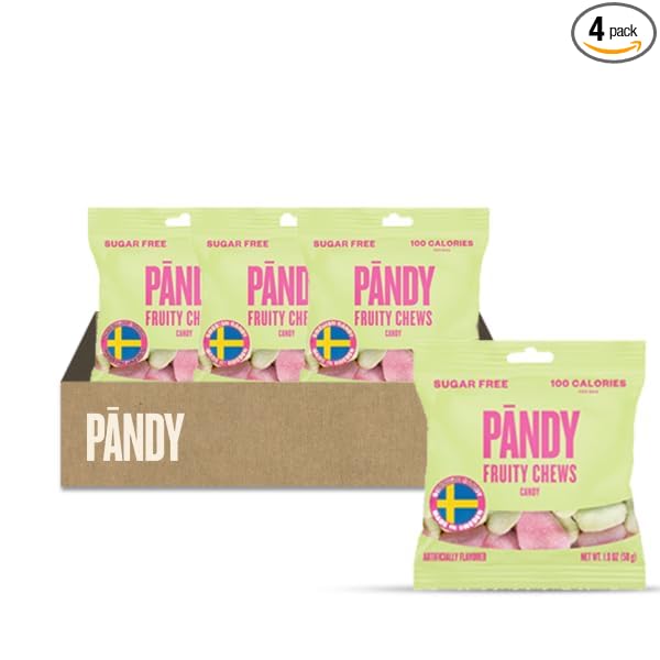 PANDY, Swedish Sugar Free Candy, Fruity (1.8 Ounce Bags, Pack of 4) - Diet, Healthy Keto Gummy Candy, Low Calorie Sweets