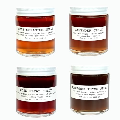 Four Pack Herbal Jam and Jelly Gift Set | Lavender Jelly | Rose Geranium Jelly | Rose Petal Jelly | Rosemary Thyme Jelly | 4-pack - 5 oz Jars | Mini Jam Jars Gift - Unique Gourmet Flavors