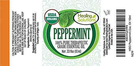 Healing Solutions Organic Peppermint Essential Oil 0.33 oz (10ml), Pure, Undiluted, Therapeutic Peppermint Oil for Hair and Skin