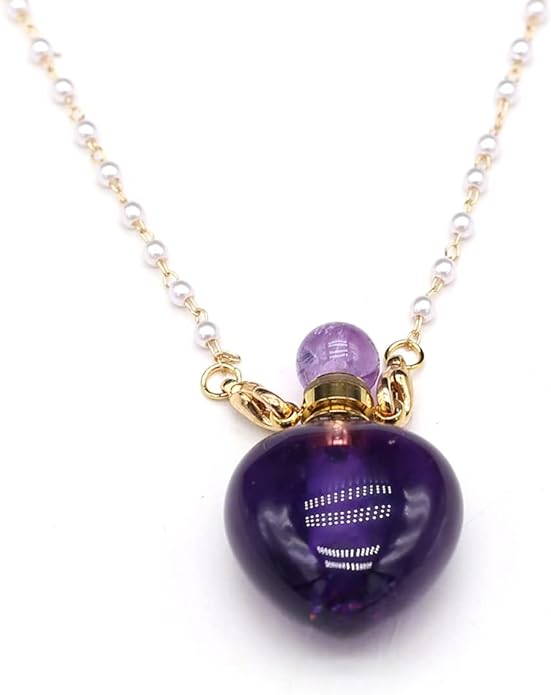 1pcs Natural Amethyst Stone Perfume Bottle Pendant Pearl Bead Chain Rectangle Heart Necklace for Women Jewelry Free Accessory Glasses