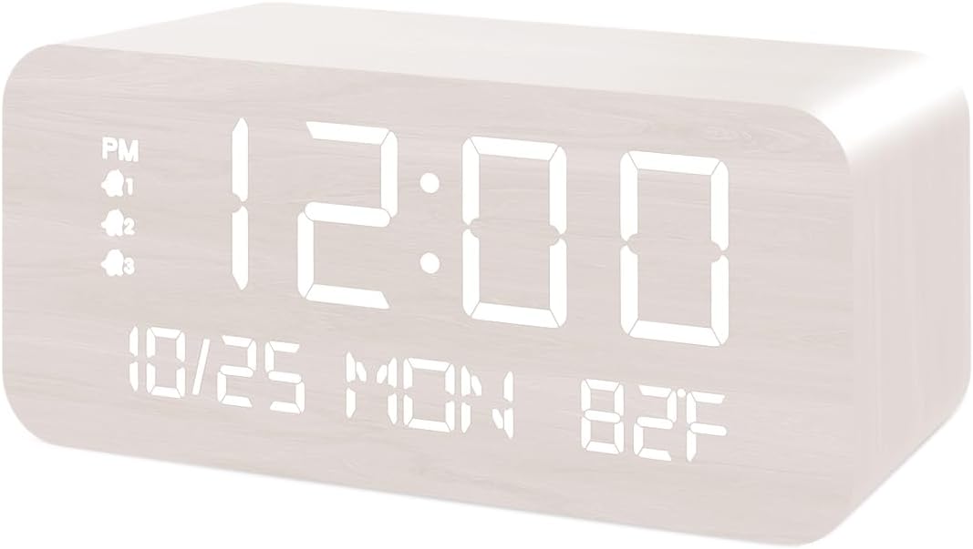 Digital Alarm Clock, with Wooden Electronic LED Time Display, 3 Alarm Settings, Humidity & Temperature Detect, Wood Made Electric Clocks for Bedroom, Bedside, Desk (White-Wireless)
