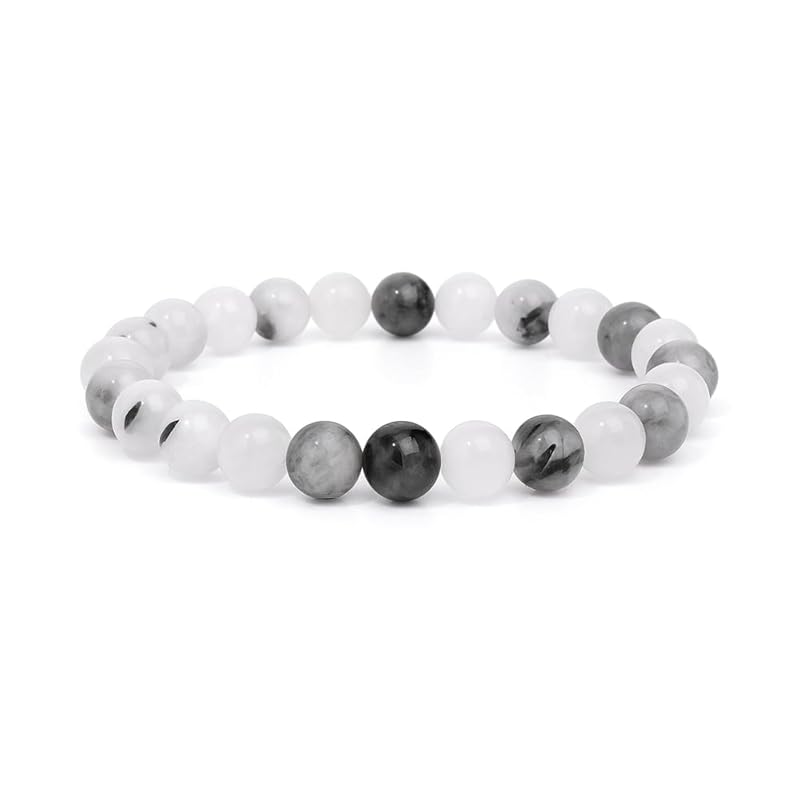 Black Rutilated Bracelet, Natural Healing Crystal Bracelet for Women and Men, 8mm Round Beaded Bracelet for Spiritual, Protection, Positive Energy, Elastic Adjustable Size Gemstone Bead Bracelet