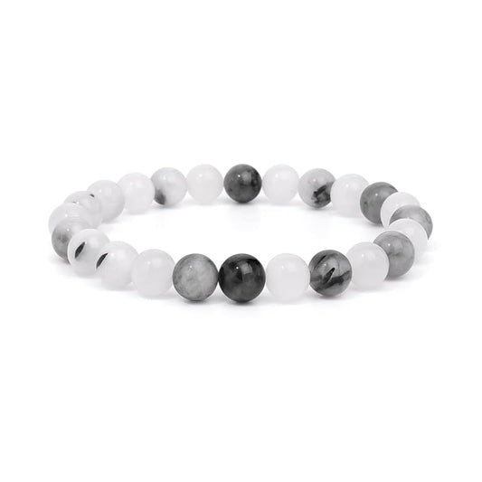 Black Rutilated Bracelet, Natural Healing Crystal Bracelet for Women and Men, 8mm Round Beaded Bracelet for Spiritual, Protection, Positive Energy, Elastic Adjustable Size Gemstone Bead Bracelet