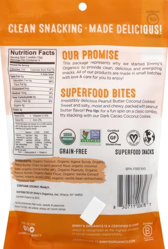 Emmy's Organics, Coconut Cookies - Peanut Butter, 6 oz (Pack of 2) | Gluten-Free Organic Cookies, Vegan, Paleo-Friendly