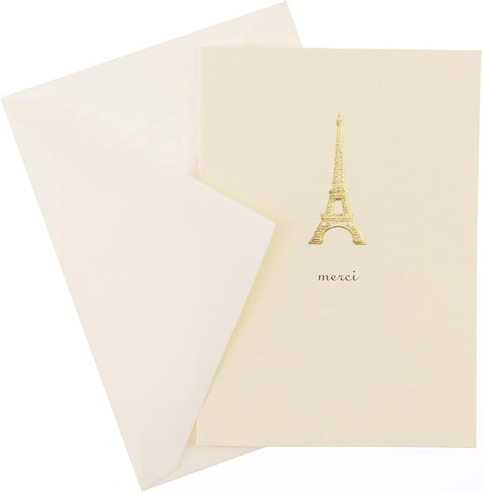Graphique Eiffel Tower Merci Notecards – 10 Embossed Gold Foil Blank Cards with Envelopes – Boxed Set – 3.25" x 4.75"