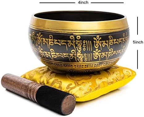 Tibetan Singing Bowl Set - Easy To Play Authentic Handcrafted For Meditation Sound Bowl Chakra Yoga Healing 4 Inches By Himalayan Bazaar (Black & Yellow)