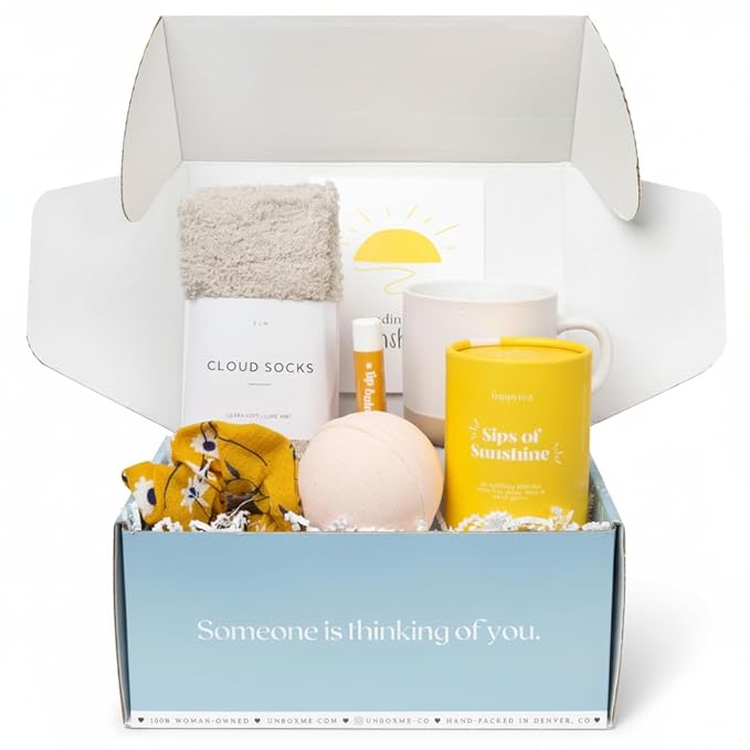 Unboxme Sunshine Care Package for Women, Spa Gift Basket with Tea, Mug, Bath Bomb, Candle, Cozy Socks, Thinking of You, Get Well, Birthday