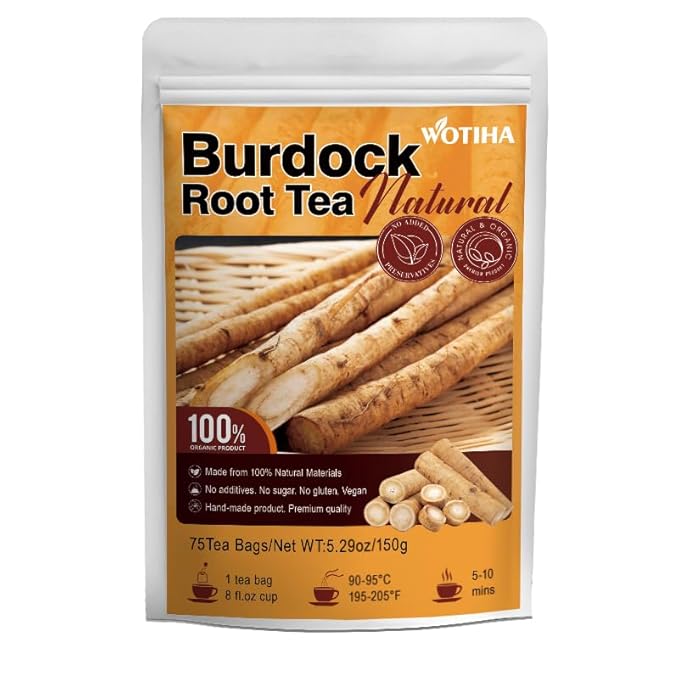 WOTIHA-Natural Burdock root tea 150g.75 Herbal Tea Bags.Non-GMO • Additive-Free • Caffeine-Free • Sugar-Free • Vegan