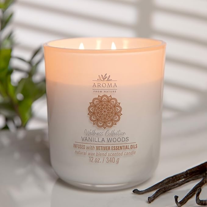 Aroma from Nature Wellness Collection Candle, 12 oz, 2 Cotton Wicks, Vanilla Woods, Large Painted Jar