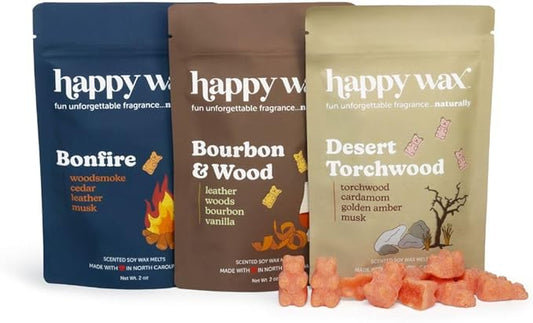 Happy Wax Fan Man Cave Collection Scented Natural Soy Wax Melts – 6 Total Oz. of Scented Wax Melts, Collection Includes Desert Torchwood, Bourbon & Wood and Bonfire