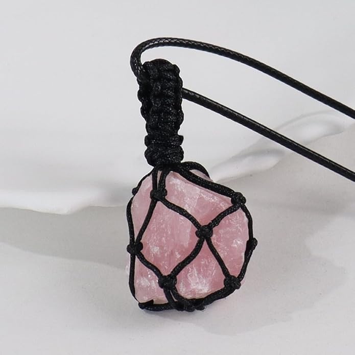 Handmade Natural Gemstone Crystal Pendant Necklace Stone Holder Necklace Cord Net Necklace with Adjustable Length for Women Men