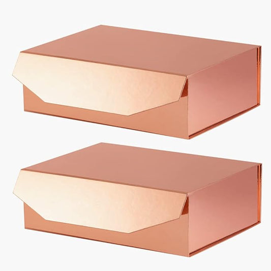 2 Rose Gold Large Gift Box with Lid 13x9x4 Inches, Gift Box Large with Magnetic Closure, Bridesmaid Proposal Boxes, Hard Collapsible Groomsman Boxes (Glossy Rose Gold)