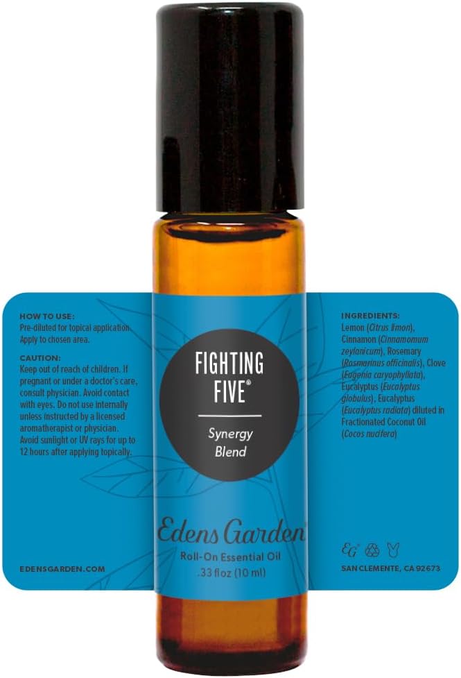 Edens Garden Fighting Five Essential Oil Roll-On Blend- 100% Pure Premium Grade, Natural, Therapeutic, Aromatherapy, Kid & Skin Safe, The Best for Travel, Wellness Pre-Diluted 10 ml (.33 fl oz)