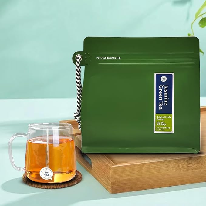 RIANTEA Jasmine Green Tea Bags - 32 Individually Wrapped Teabags (2.25oz/62g) - Low Caffeine, Smooth Flavor - Hot or Iced Tea - Original Leafy Tea