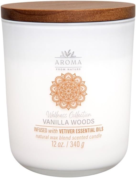 Aroma from Nature Wellness Collection Candle, 12 oz, 2 Cotton Wicks, Vanilla Woods, Large Painted Jar