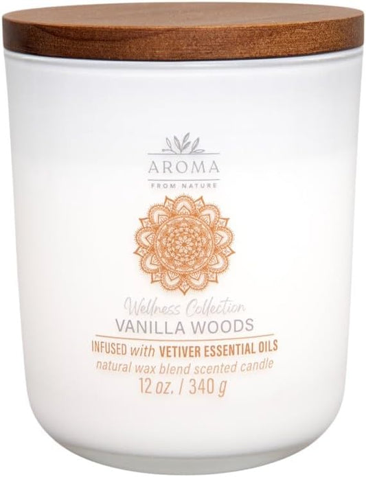 Aroma from Nature Wellness Collection Candle, 12 oz, 2 Cotton Wicks, Vanilla Woods, Large Painted Jar