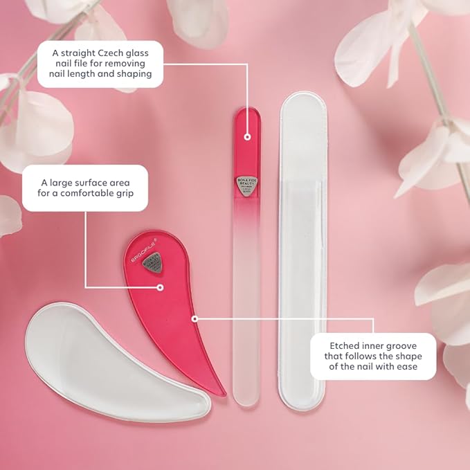 Glass Nail File Set by Bona Fide Beauty - Ergo File - Premium Nail Care Tools Genuine Czech Glass (Pink)