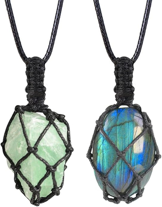 Handmade Natural Gemstone Crystal Pendant Necklace Stone Holder Necklace Cord Net Necklace with Adjustable Length for Women Men