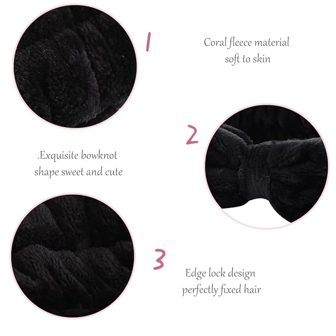 WHAVEL 6 Pack Spa Headbands - Black Microfiber Bowtie & Soft Bowknot Fluffy Elastic Hair Bands - Cosmetic Coral Fleece Shower Headbands