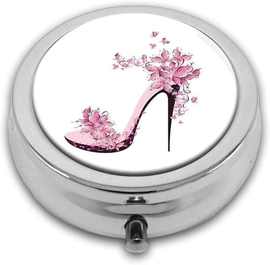 Crystal High Heels Pill Box Purse Pocket Small Round Silver Pill Case Decorative Box Metal Medicine Vitamin Pill Organizer Portable Unique Gift
