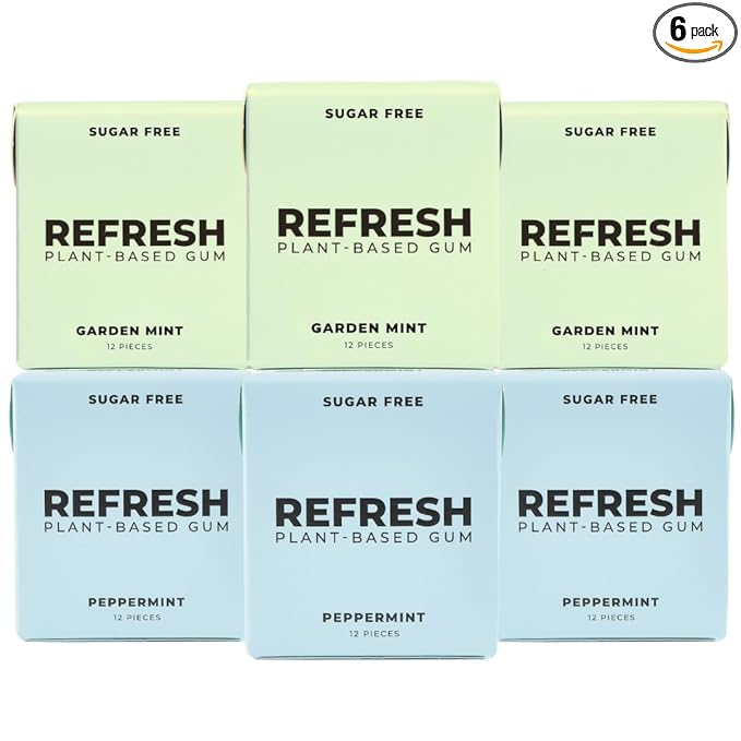Refresh Gum, Xylitol, Natural, Sugar Free, Chewing Gum, Plastic Free, Natural Flavors & Organic Ingredients, Non GMO, Gluten Free, Vegan, Peppermint & Garden Mint