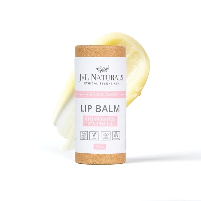 J&L Naturals Sustainable Lip Balm | Organic Ingredients, 100% Natural, Eco-Friendly | Cruelty Free, Vegan, Paraben Free, Silicone Free (Strawberry & Vanilla, Single)