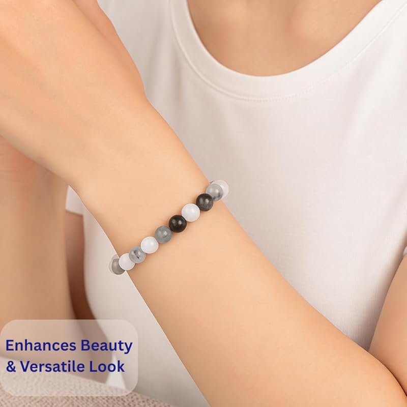 Black Rutilated Bracelet, Natural Healing Crystal Bracelet for Women and Men, 8mm Round Beaded Bracelet for Spiritual, Protection, Positive Energy, Elastic Adjustable Size Gemstone Bead Bracelet