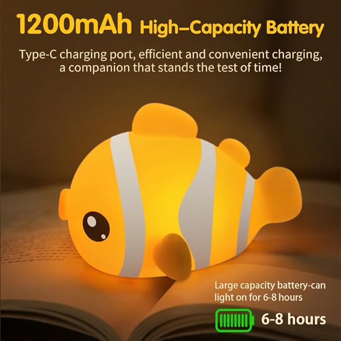 Clownfish Silicone Night Light for Kids – 3-Level Dimmable Tap Lamp with Timer, Soft BPA-Free Nursery Nightlight for Baby & Toddler, USB-C Rechargeable, Bedside Breastfeeding Light