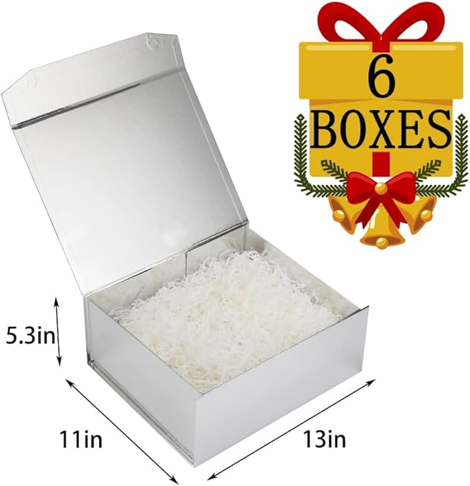 6 Pcs Silver Gift Boxes - Large 13x11x5.3 Inch - Modern Style - Magnetic Lids - Crinkle Paper - Luxury Gift Boxes for Presents