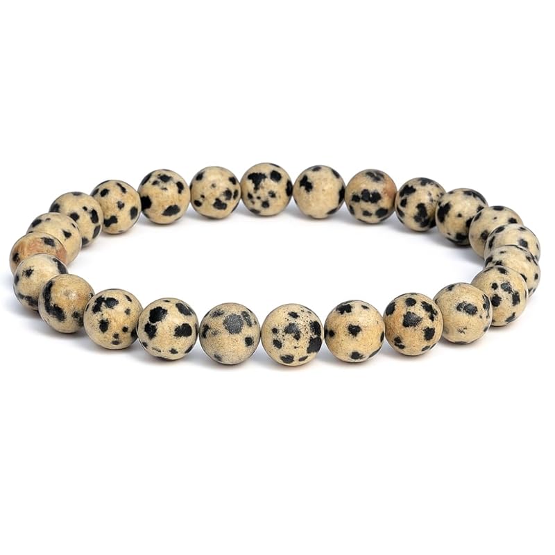 Dalmatian Jasper Bracelet, Healing Crystal Bracelet for Women and Men, 8mm Round Beaded Bracelet for Spiritual Healing, Protection, Positive Energy, Elastic Adjustable Size Gemstone Bead Bracelet