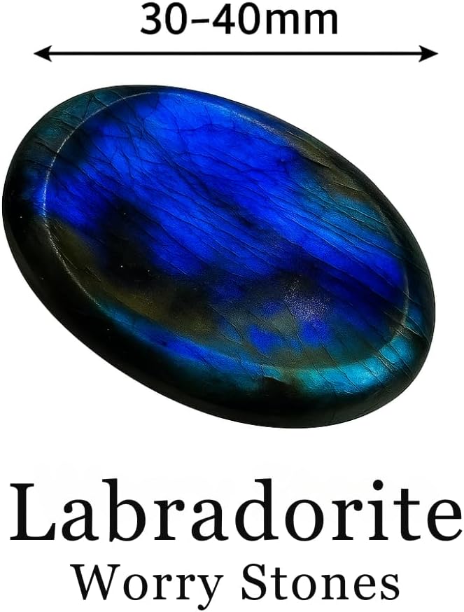 Labradorite Worry Stone 35-40mm – Healing Thumb Crystal for Anxiety & Stress Relief – Palm Meditation Stone with Velvet Pouch Gift for Men & Women