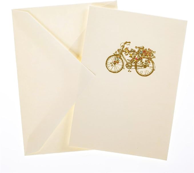 Graphique Flower Bicycle La Petite Presse Boxed Notecards, 10 Embellished Gold Foil Blank Cards with Matching Envelopes and Storage Box, 3.25" x 4.75"