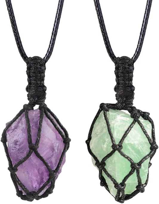 Handmade Natural Gemstone Crystal Pendant Necklace Stone Holder Necklace Cord Net Necklace with Adjustable Length for Women Men
