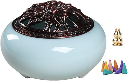 Ceramic Incense Burner Set with Brass Gourd Holder, Smudging Bowl for Incense Sticks, Cones, Sage, Frankincense & Palo Santo, Portable Ash Catcher for Home, Meditation, Yoga and Gift Giving (08)