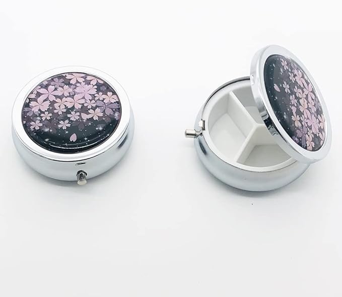 Cherry Flowers Pill Box Purse Pocket Small Round Silver Pill Case Decorative Box Metal Medicine Vitamin Pill Organizer Portable Unique Gift