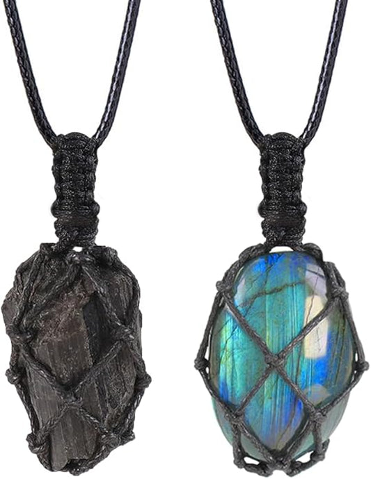 Handmade Natural Gemstone Crystal Pendant Necklace Stone Holder Necklace Cord Net Necklace with Adjustable Length for Women Men