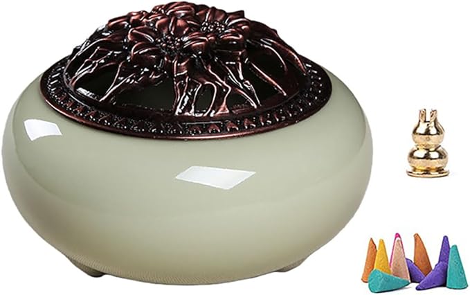 Ceramic Incense Burner Set with Brass Gourd Holder, Smudging Bowl for Incense Sticks, Cones, Sage, Frankincense & Palo Santo, Portable Ash Catcher for Home, Meditation, Yoga and Gift Giving (04)