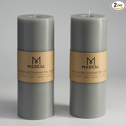MOZEAL 3" x 8" Hand-Poured Unscented Large Candle,Smokeless Rustic Pillar Candle Set of 2,Slow Burn,No Drip,Approx 150 Hours Burning,Wedding,Dinner,Christmas and Home Decorative,Tall Gray Candle