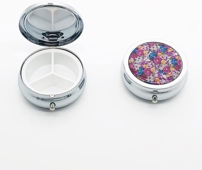 All Flowers Bloom Together Pill Box Purse Pocket Small Round Silver Pill Case Decorative Box Metal Medicine Vitamin Pill Organizer Portable Unique Gift