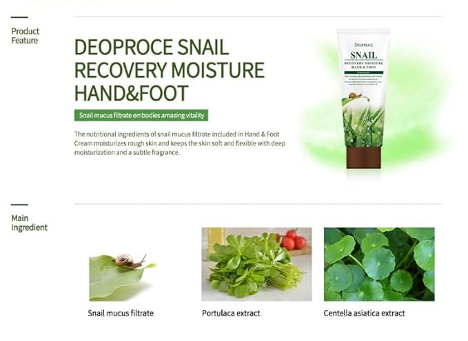 Deoproce Snail Recovery Moisture Hand & Foot Cream | Ultra-Fast Absorbing, Deep Hydration & Repair | Lightweight, Non-Greasy Formula | 100ml