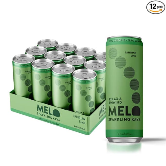 Melo Sparkling Kava Drink, Tahitian Lime, Sugar Free Non Alcoholic Drinks with Zero Calories, Gluten Free, Vegan, 100% Natural Mocktail with 750mg Kava Root per Drink, 12 Pack, 12 oz Cans
