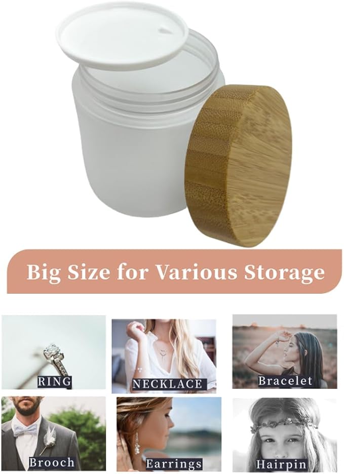 Empty Bamboo Lid Jar 8oz/250g,Refilable Plastic Round Cosmetic Containers for Powder,Body Butter,Cream,Lotion,Wide Mouth Makeup Sample Storage Pot Dispenser(Frost)