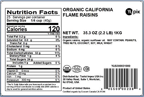 Yupik Organic California Flame Raisins, 2.2 lb, Kosher, Non-GMO, Vegan, Whole Dried Fruits, Naturally Sweet, No Added Sugar, Seedless, Healthy Snacks, Fruity Topping & Inclusion, Ideal for Baking