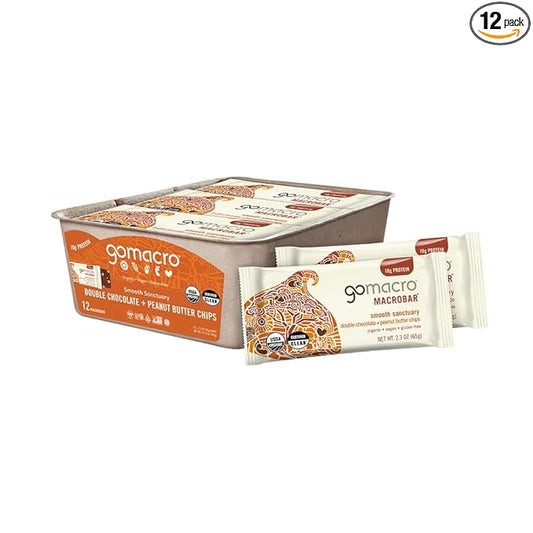 GoMacro MacroBar Organic Vegan Protein Bars - Double Chocolate + Peanut Butter Chips (2.3 Ounce Bars, 12 Count)